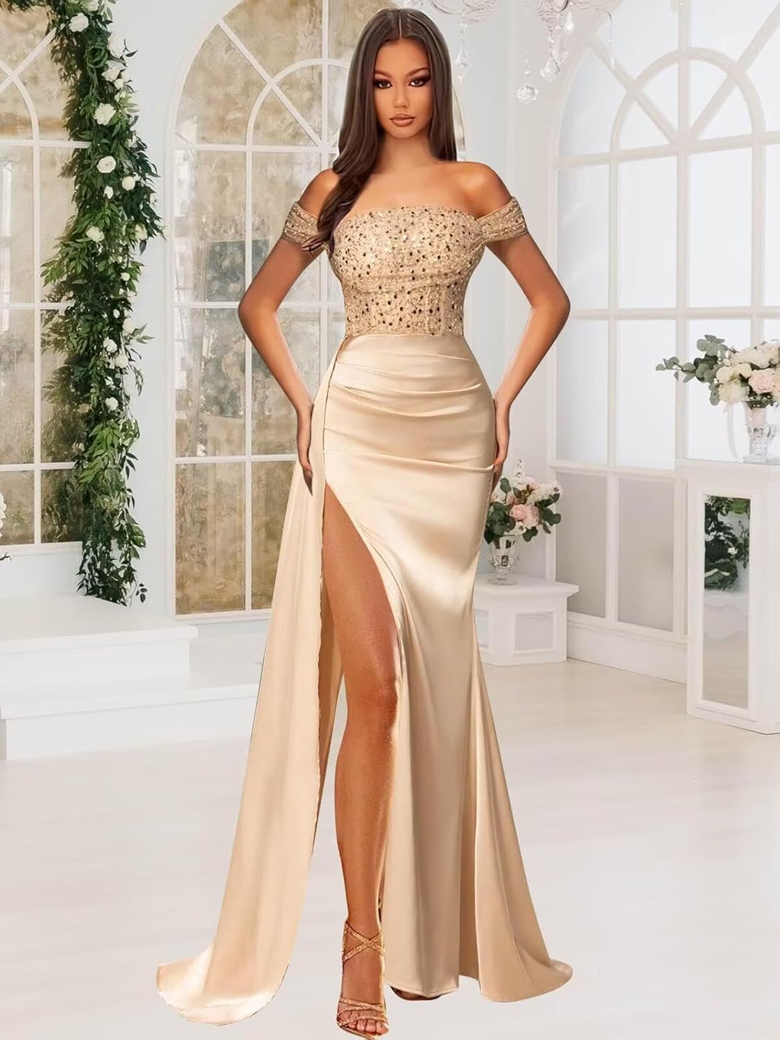 Off Shoulder Sequin Prom Dresses for Women 2027 Long Mermaid Tight Satin Formal Evening Party Dress with Slit