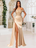 Off Shoulder Sequin Prom Dresses for Women 2027 Long Mermaid Tight Satin Formal Evening Party Dress with Slit