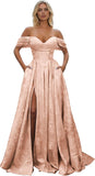 Off Shoulder Long Prom Dress 2026 Floral Satin A-Line Corset Ball Formal Evening Gown with Slit