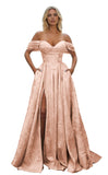 Off Shoulder Long Prom Dress 2026 Floral Satin A-Line Corset Ball Formal Evening Gown with Slit