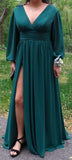 V Neck Long Sleeve Prom Dress with Slit Pleats Chiffon Formal Dress with Pockets for Wedding Party Navy Blue