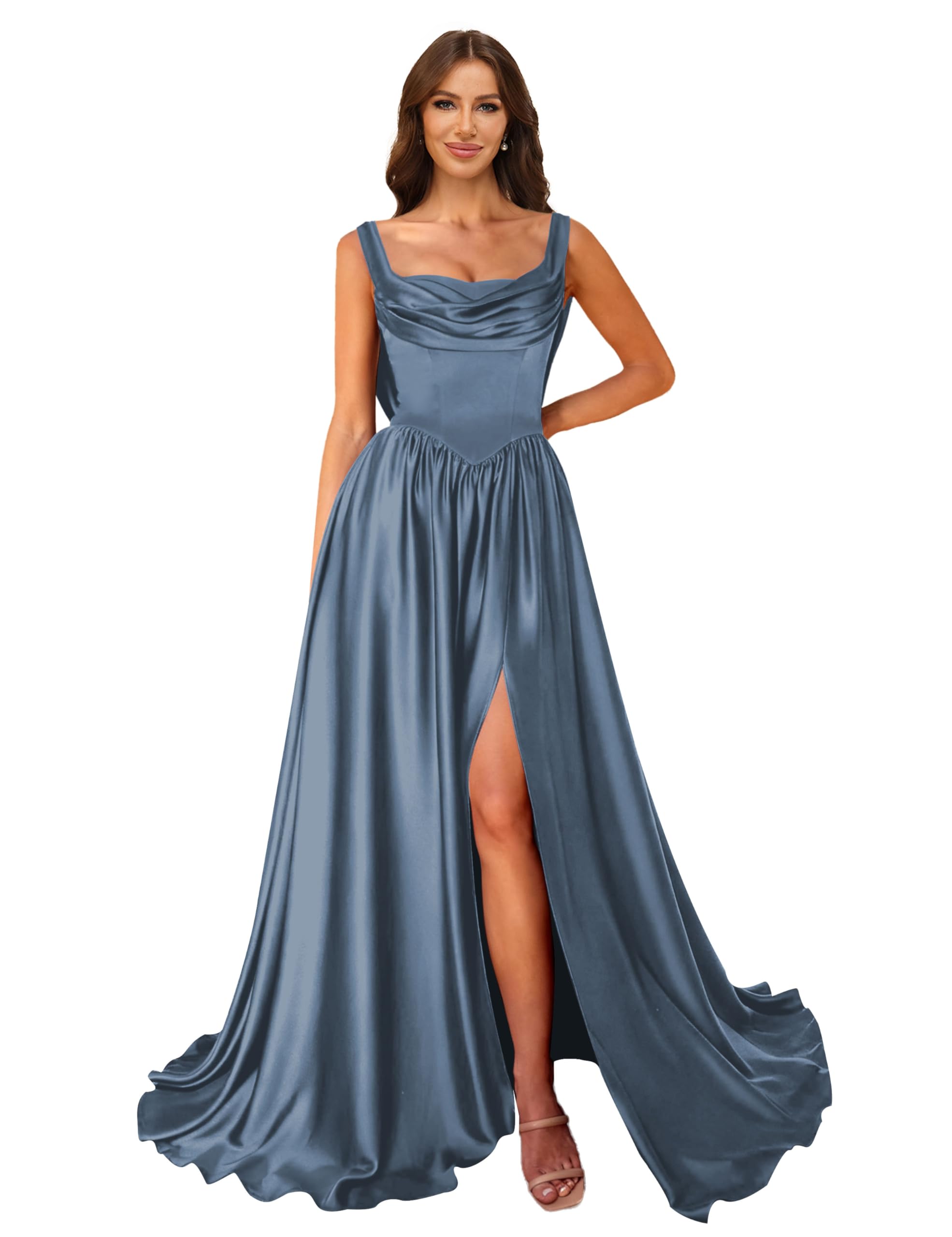 Cowl Neck Satin Prom Dresses Corset Ball Gown Long Puffy A-Line Formal Evening Gown with Slit