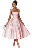 Women's Midi Bridesmaid Dresses Jacquard Satin with Bow Spaghetti Straps Square Neck Formal Wedding Guest Dress