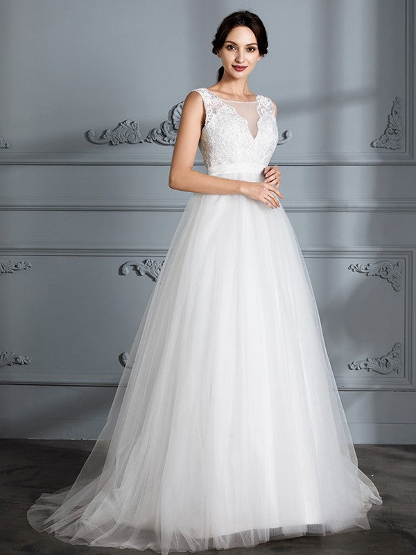 A-Linie/Princess-Linie Ärmellos V-Ausschnitt Sweep/Pinsel zug Tüll Brautkleider