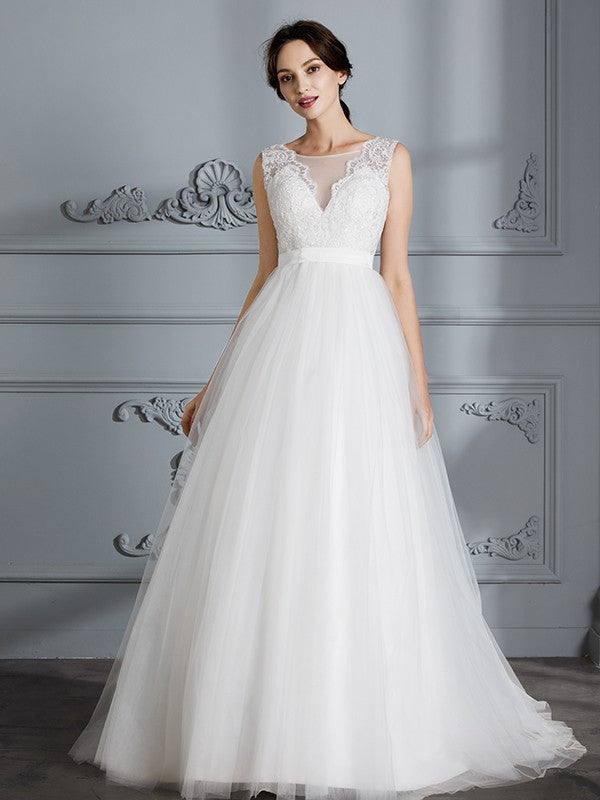 A-Linie/Princess-Linie Ärmellos V-Ausschnitt Sweep/Pinsel zug Tüll Brautkleider