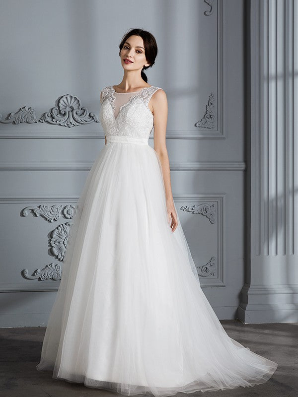 A-Linie/Princess-Linie Ärmellos V-Ausschnitt Sweep/Pinsel zug Tüll Brautkleider
