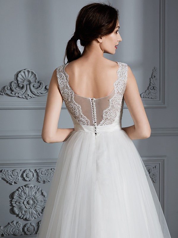 A-Linie/Princess-Linie Ärmellos V-Ausschnitt Sweep/Pinsel zug Tüll Brautkleider