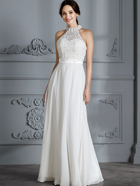 A-Linie/Princess-Linie U-Ausschnitt Ärmellos Bodenlang Chiffon Brautkleider