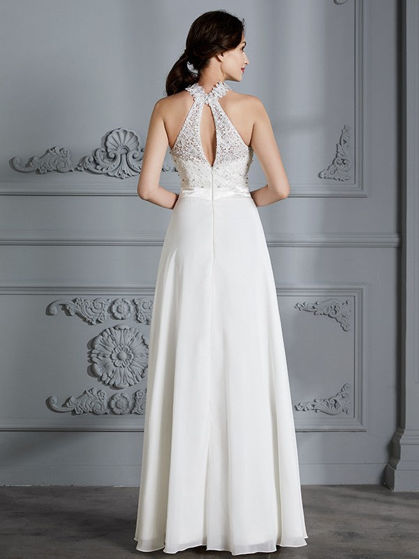 A-Linie/Princess-Linie U-Ausschnitt Ärmellos Bodenlang Chiffon Brautkleider