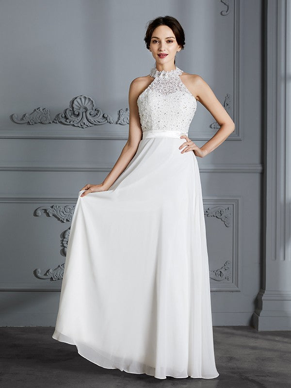 A-Linie/Princess-Linie U-Ausschnitt Ärmellos Bodenlang Chiffon Brautkleider