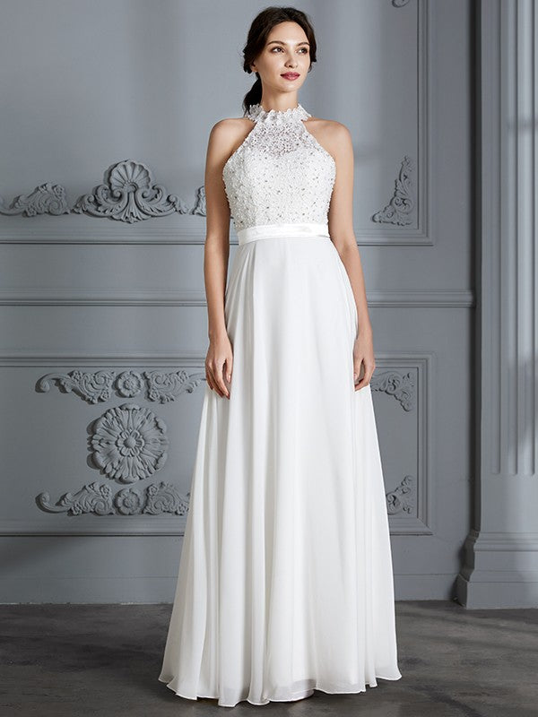 A-Linie/Princess-Linie U-Ausschnitt Ärmellos Bodenlang Chiffon Brautkleider