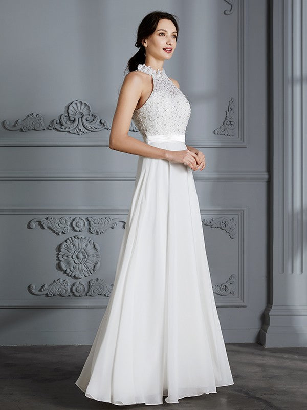 A-Linie/Princess-Linie U-Ausschnitt Ärmellos Bodenlang Chiffon Brautkleider