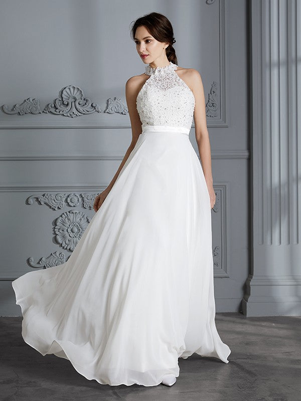 A-Linie/Princess-Linie U-Ausschnitt Ärmellos Bodenlang Chiffon Brautkleider