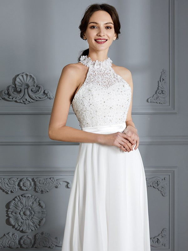 A-Linie/Princess-Linie U-Ausschnitt Ärmellos Bodenlang Chiffon Brautkleider