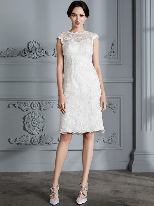 A-Line/Princess Sleeveless Scoop Knee-Length Lace Satin Wedding Dresses Bridal Gowns