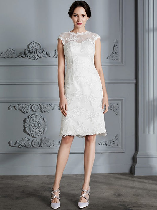 A-Line/Princess Sleeveless Scoop Knee-Length Lace Satin Wedding Dresses Bridal Gowns