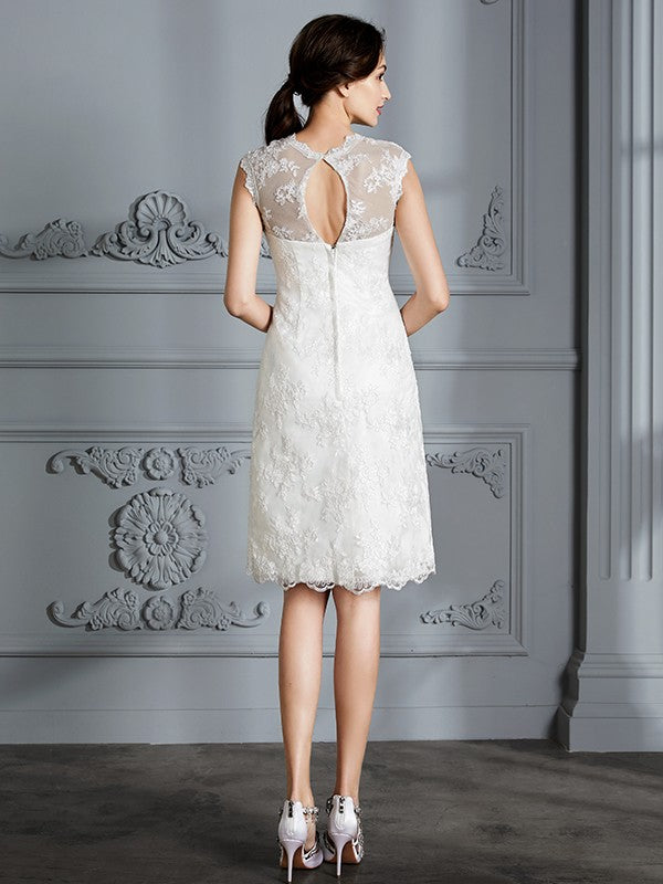 A-Line/Princess Sleeveless Scoop Knee-Length Lace Satin Wedding Dresses Bridal Gowns