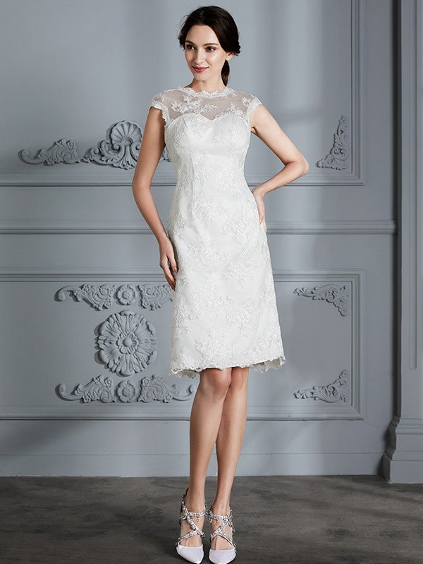 A-Line/Princess Sleeveless Scoop Knee-Length Lace Satin Wedding Dresses Bridal Gowns