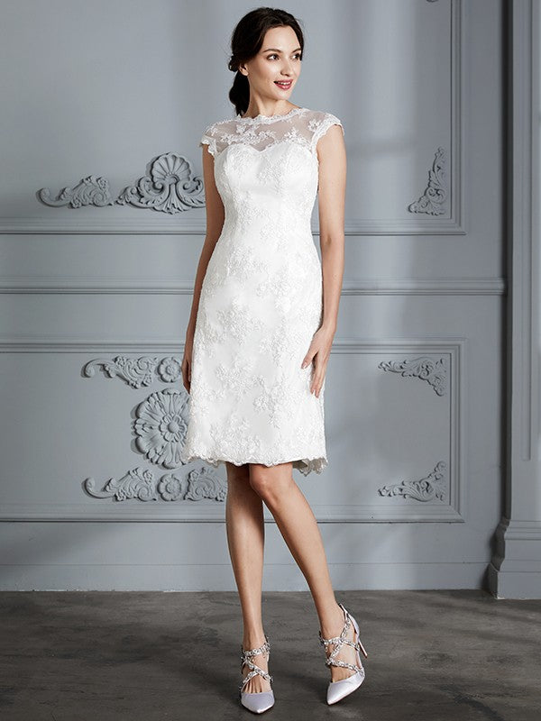 A-Line/Princess Sleeveless Scoop Knee-Length Lace Satin Wedding Dresses Bridal Gowns