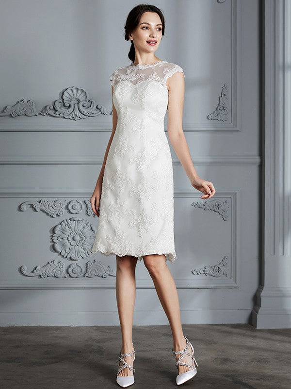 A-Line/Princess Sleeveless Scoop Knee-Length Lace Satin Wedding Dresses Bridal Gowns