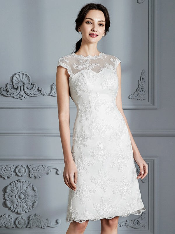 A-Line/Princess Sleeveless Scoop Knee-Length Lace Satin Wedding Dresses Bridal Gowns