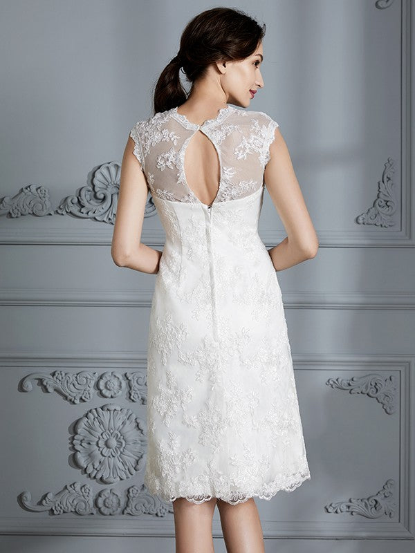 A-Line/Princess Sleeveless Scoop Knee-Length Lace Satin Wedding Dresses Bridal Gowns