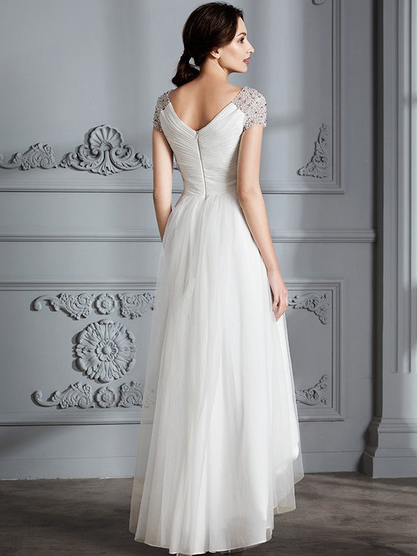 A-Linie/Princess-Linie V-Ausschnitt Kurze Ärmel Asymmetrisch Tüll Brautkleider