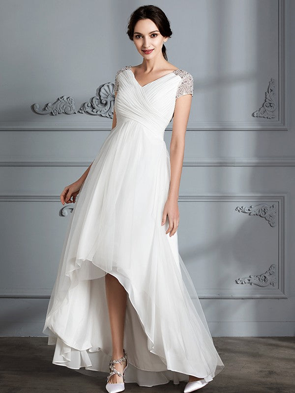 A-Linie/Princess-Linie V-Ausschnitt Kurze Ärmel Asymmetrisch Tüll Brautkleider