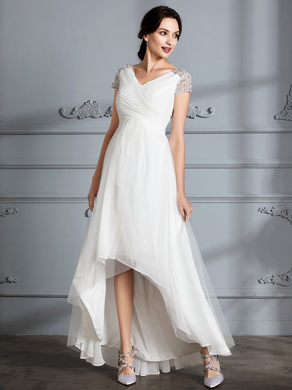 A-Linie/Princess-Linie V-Ausschnitt Kurze Ärmel Asymmetrisch Tüll Brautkleider