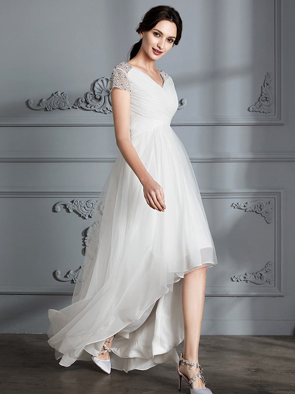 A-Linie/Princess-Linie V-Ausschnitt Kurze Ärmel Asymmetrisch Tüll Brautkleider