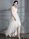 A-Linie/Princess-Linie V-Ausschnitt Kurze Ärmel Asymmetrisch Tüll Brautkleider