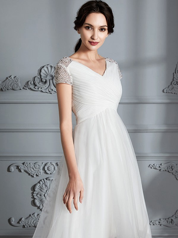 A-Linie/Princess-Linie V-Ausschnitt Kurze Ärmel Asymmetrisch Tüll Brautkleider