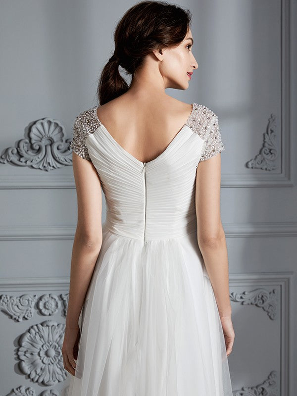 A-Linie/Princess-Linie V-Ausschnitt Kurze Ärmel Asymmetrisch Tüll Brautkleider