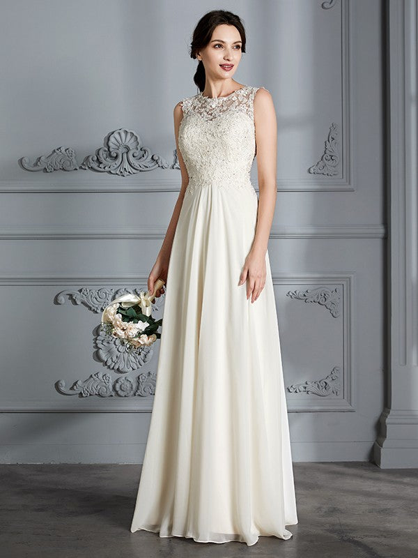 A-Linie/Princess-Linie U-Ausschnitt Chiffon Ärmellos Bodenlang Brautkleider Brautkleider