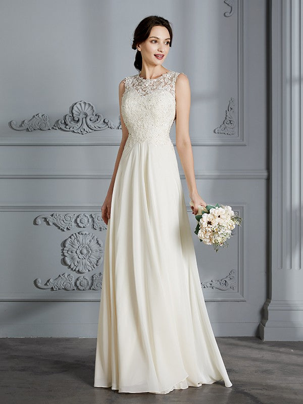 A-Linie/Princess-Linie U-Ausschnitt Chiffon Ärmellos Bodenlang Brautkleider Brautkleider