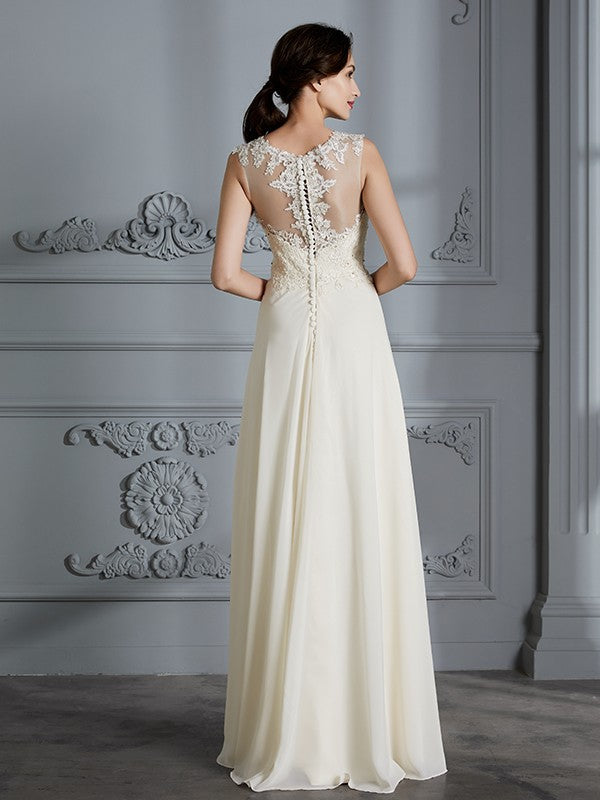 A-Linie/Princess-Linie U-Ausschnitt Chiffon Ärmellos Bodenlang Brautkleider Brautkleider