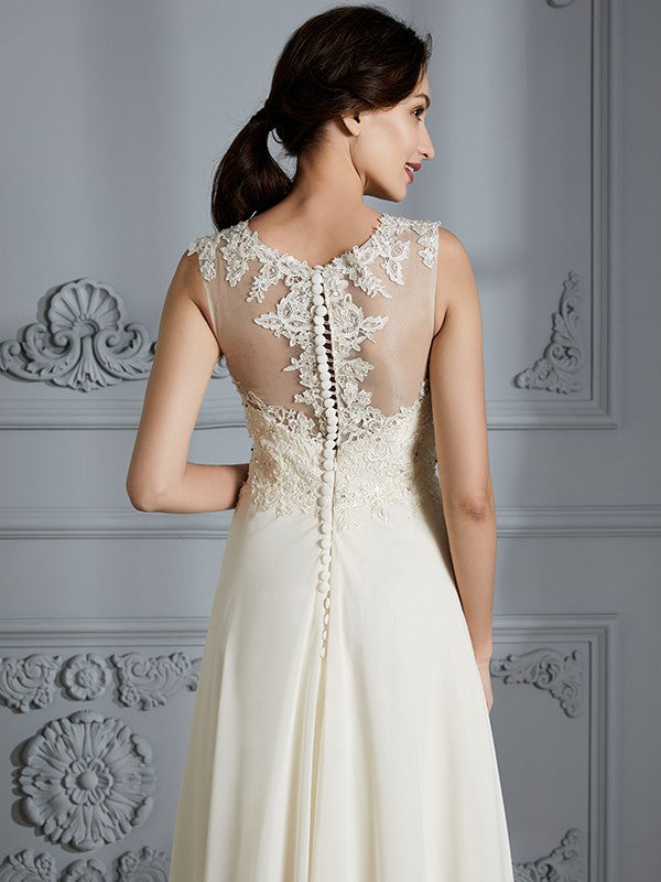 A-Linie/Princess-Linie U-Ausschnitt Chiffon Ärmellos Bodenlang Brautkleider Brautkleider