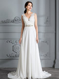 A-Linie/Princess-Linie Ärmellos V-Ausschnitt Sweep/Pinsel zug Chiffon Brautkleider
