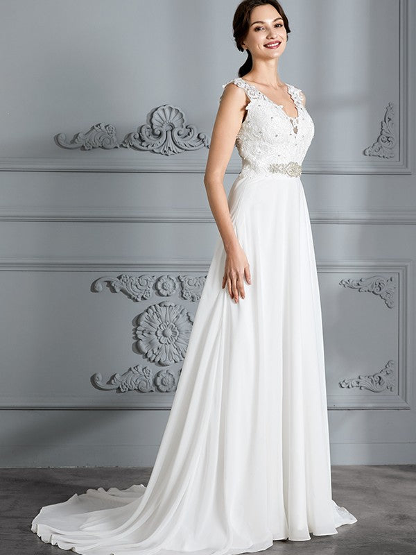A-Linie/Princess-Linie Ärmellos V-Ausschnitt Sweep/Pinsel zug Chiffon Brautkleider