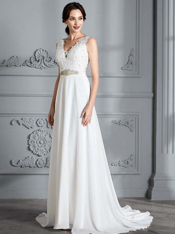 A-Linie/Princess-Linie Ärmellos V-Ausschnitt Sweep/Pinsel zug Chiffon Brautkleider