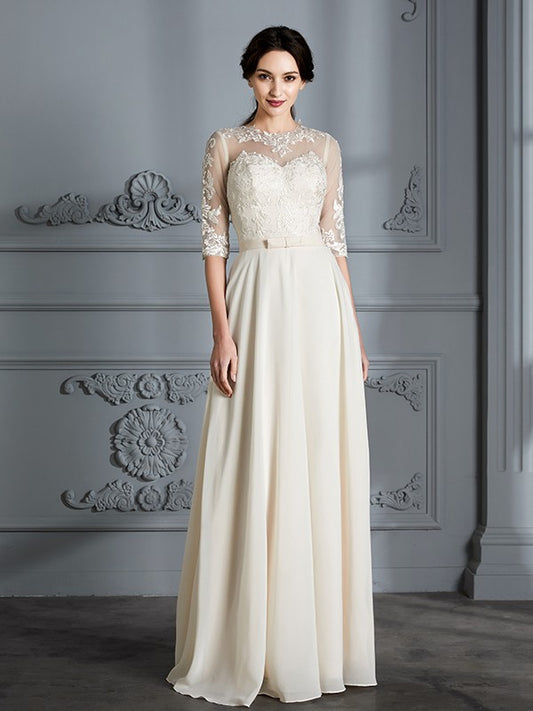A-Linie/Princess-Linie U-Ausschnitt 1/2 Ärmel Bodenlang Chiffon Brautkleider Brautkleider