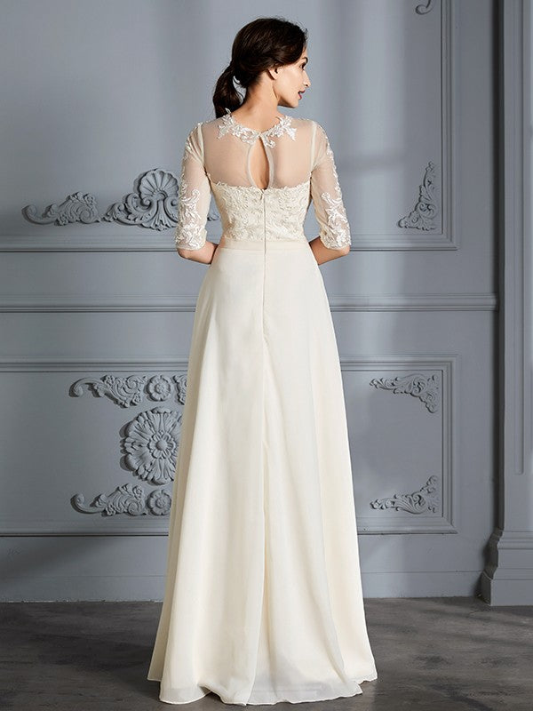 A-Linie/Princess-Linie U-Ausschnitt 1/2 Ärmel Bodenlang Chiffon Brautkleider Brautkleider