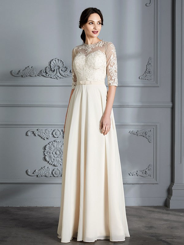 A-Linie/Princess-Linie U-Ausschnitt 1/2 Ärmel Bodenlang Chiffon Brautkleider Brautkleider