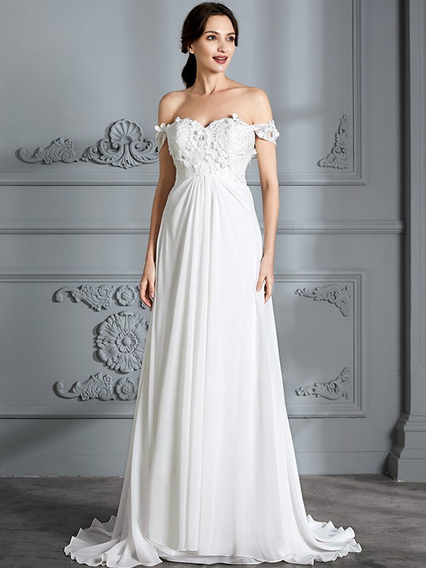 A-Linie/Princess-Linie Schulterfrei Ärmellos Chiffon Sweep/Pinsel zug Brautkleider