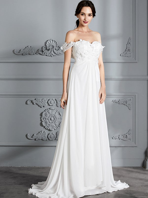 A-Linie/Princess-Linie Schulterfrei Ärmellos Chiffon Sweep/Pinsel zug Brautkleider