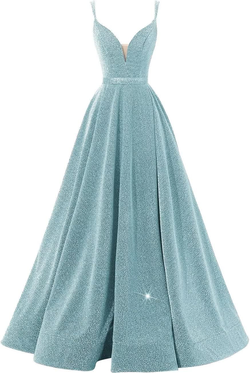 Women's Glittery Spaghetti V-Neck Prom Dresses Long Side Split Formal Evening Gowns