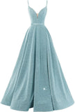 Women's Glittery Spaghetti V-Neck Prom Dresses Long Side Split Formal Evening Gowns
