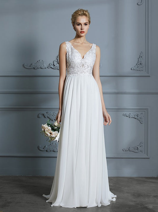 A-Linie/Princess-Linie Ärmellos V-Ausschnitt Sweep/Pinsel zug Chiffon Brautkleider