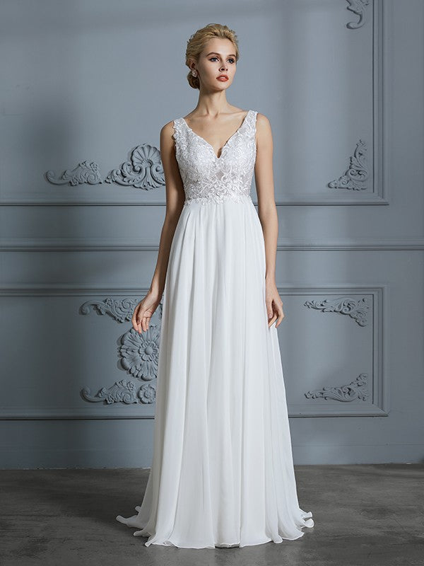 A-Linie/Princess-Linie Ärmellos V-Ausschnitt Sweep/Pinsel zug Chiffon Brautkleider