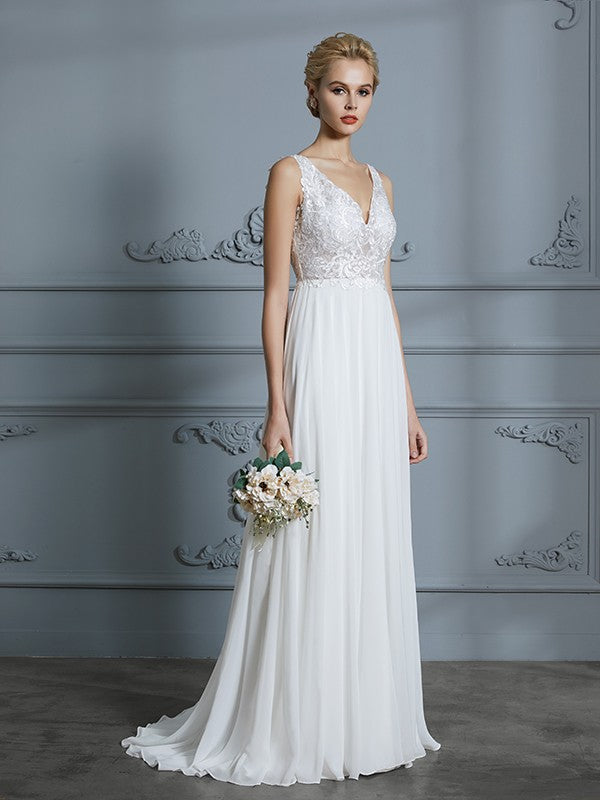 A-Linie/Princess-Linie Ärmellos V-Ausschnitt Sweep/Pinsel zug Chiffon Brautkleider